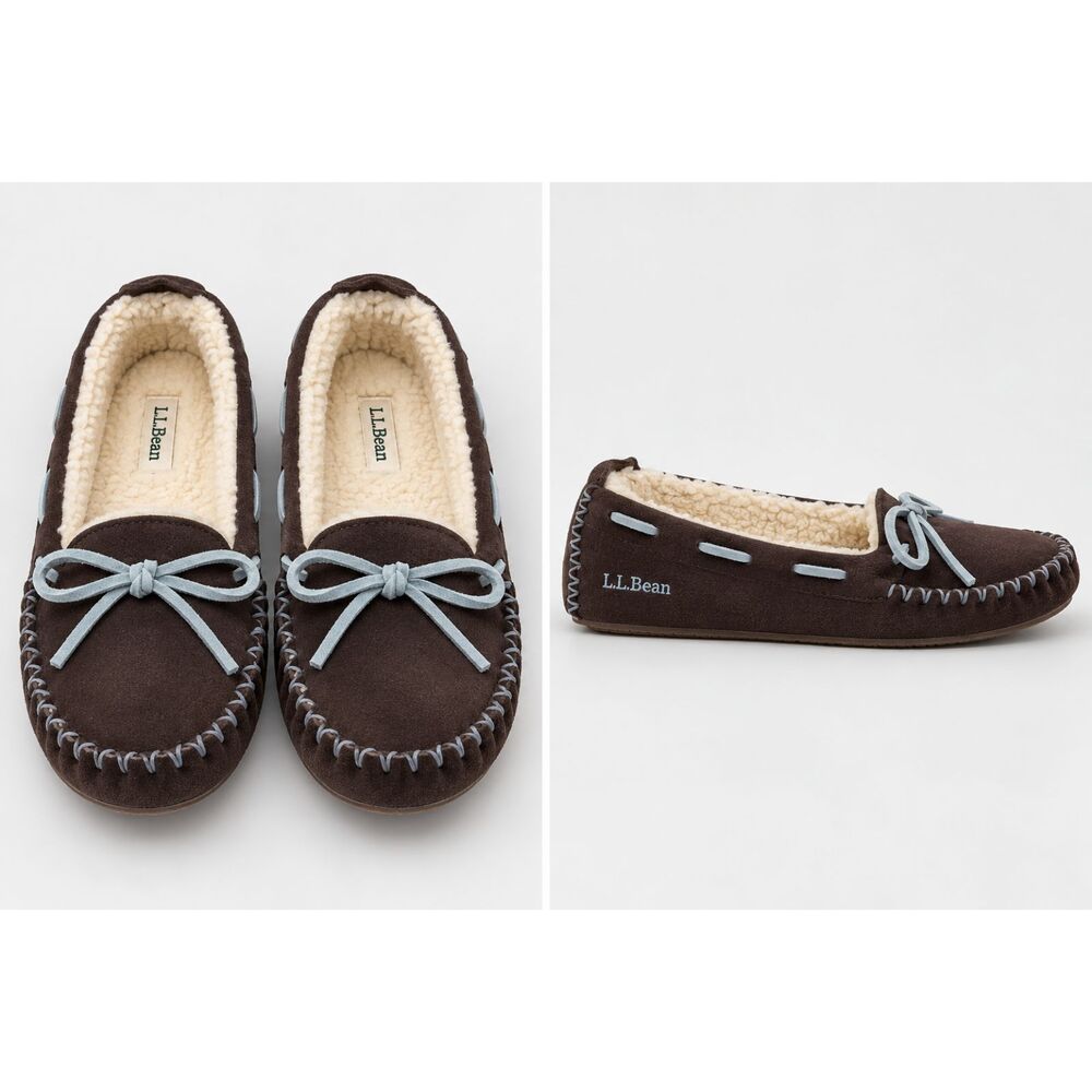 L.L.Bean Hearthside Suede Sherpa Lined Moccasin Slippers Women's 8M Brown